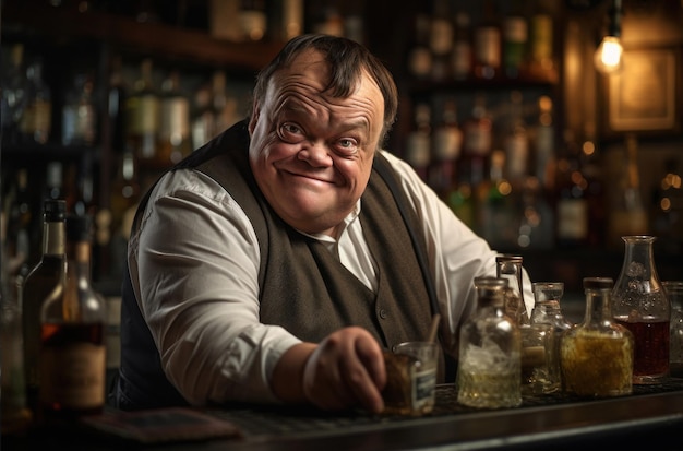 Photo portrait of a man with down syndrome who fulfilled his dream by becoming a bartender generated ai