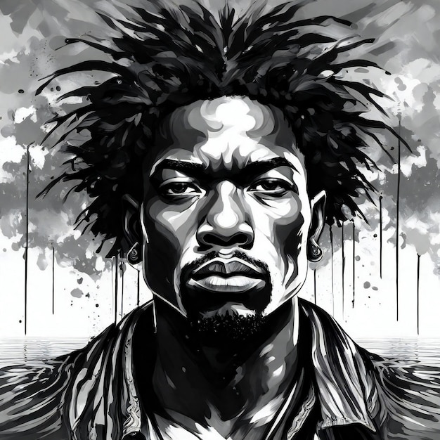 Portrait of a man with dreadlocks Black and white illustration