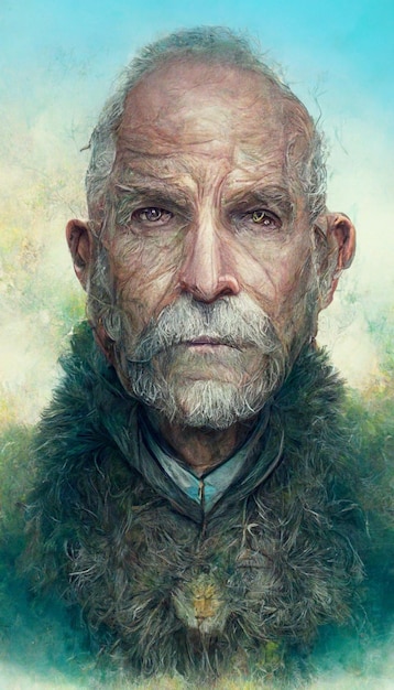 A portrait of a man with a grey beard and a green collar.