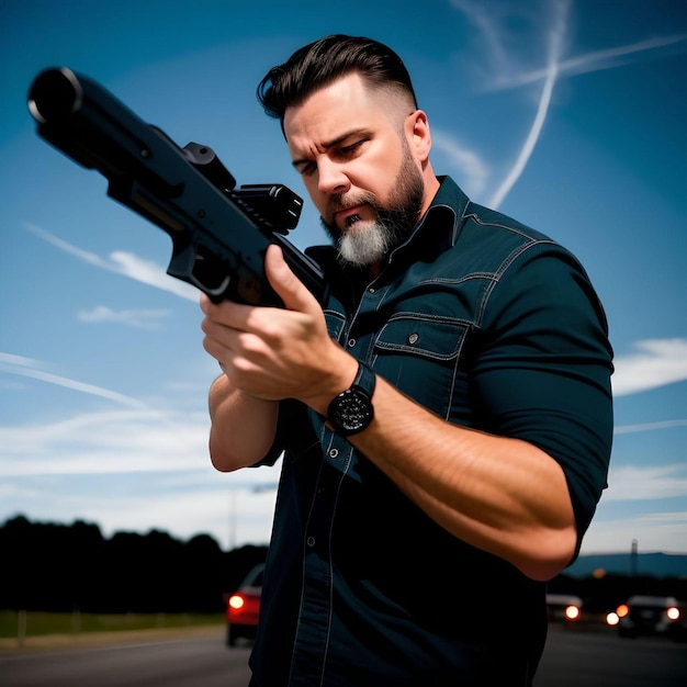 Portrait of A Man with A Gun and Clear Sky