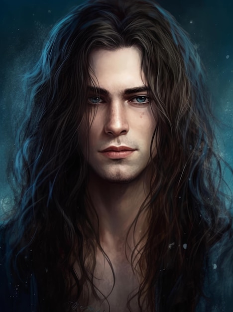 A portrait of a man with long hair and blue eyes.