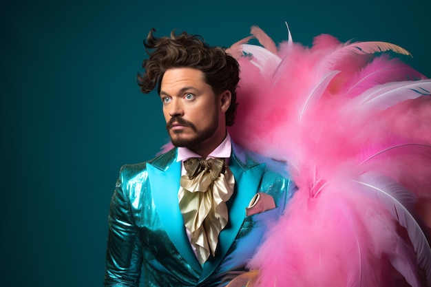 Portrait of a man with a pink feather boa