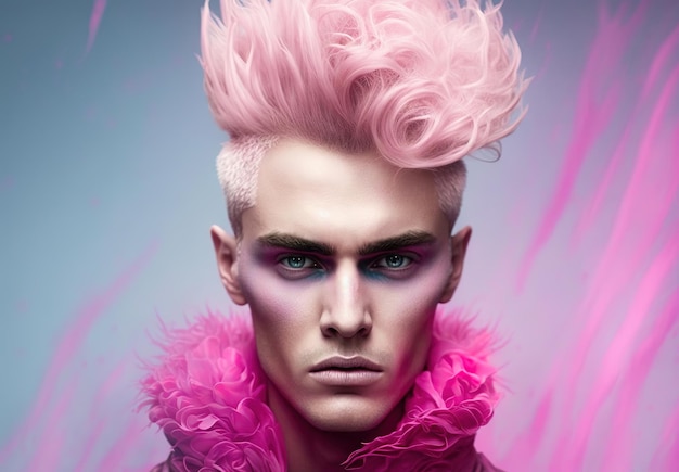 Portrait of man with pink makeup and fancy pink hair