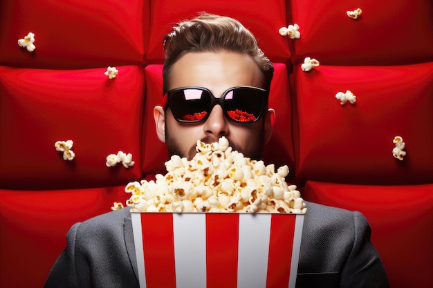 Portrait of a man with popcorn in a cinema on a red chair