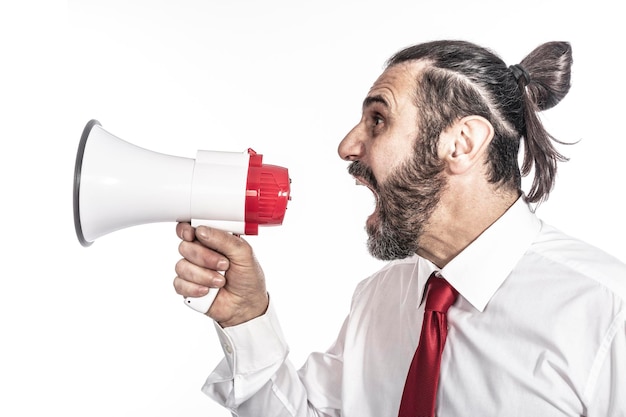 Photo portrait of a man with red flag against white background