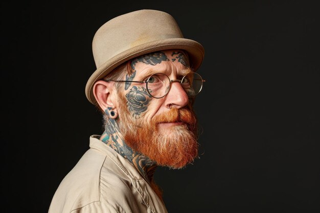 Photo portrait of a man with tattoos on his face in light clothes and glasses and a hat on a black background