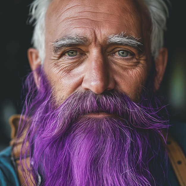 Portrait of a man with a vibrant purple beard