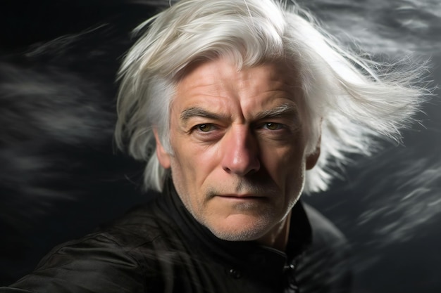 Portrait of a man with white hair on a black background