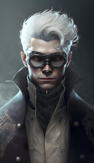 A portrait of a man with a white hair and glasses.