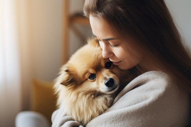 可愛いポメレニウム犬のペットコンセプトを抱きしめる男と女の肖像画