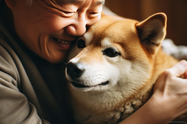 男と女が抱きしめ合っている肖像画 可愛いシバ・イヌ犬ペットコンセプト