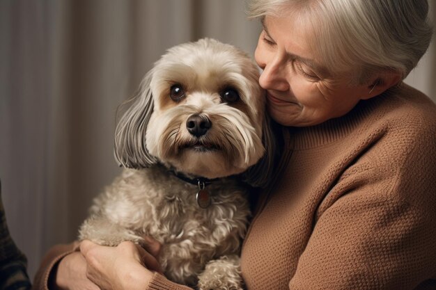 portrait of man and woman hugging cute shih tzu dog pet concept