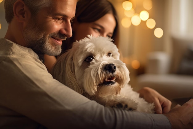 portrait of man and woman hugging cute shih tzu dog pet concept