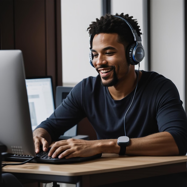 A portrait of a man working on a computer