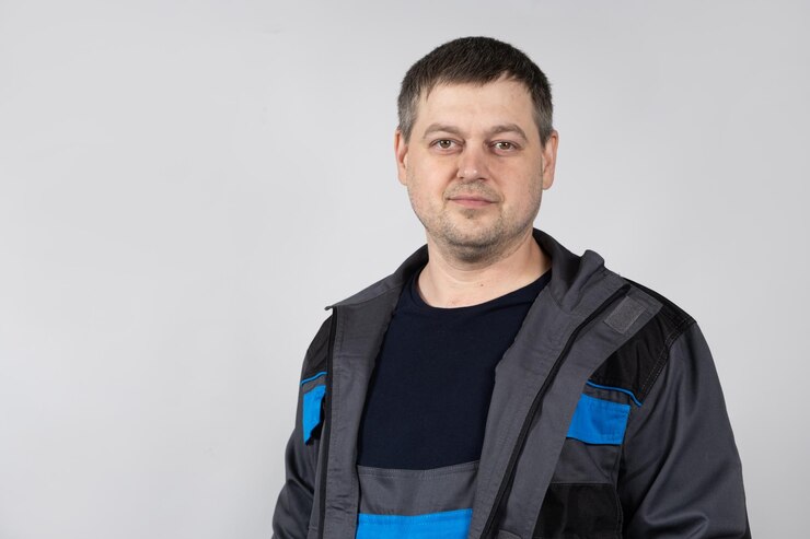 Портрет мужчины в рабочем комбинезоне на белом фоне