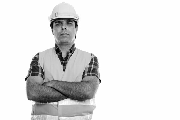 Portrait of man working over white background