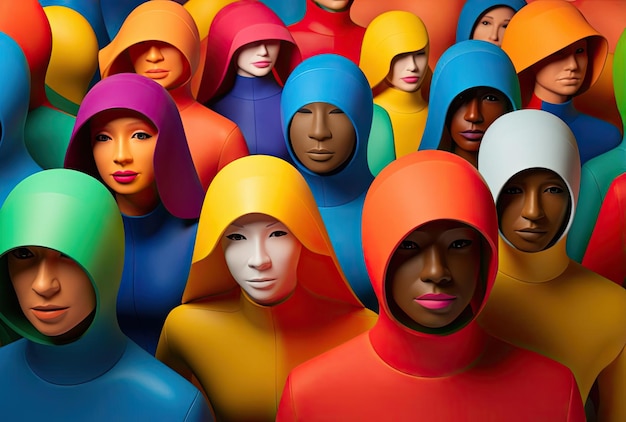 A portrait of many people in different colors and shapes in the style of threedimensional space