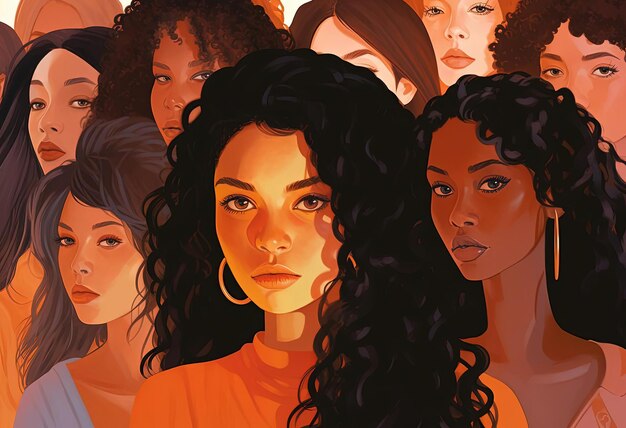 a portrait of many people with some black hair in the background