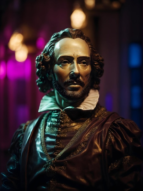 Photo portrait a marble sculpture of william shakespeare illuminated by neon background