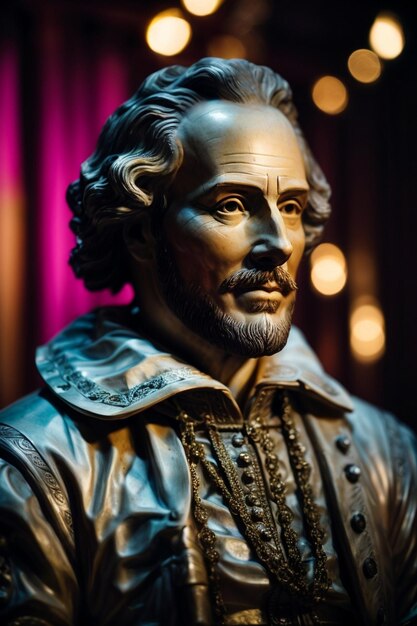 Foto ritratto di una scultura in marmo di william shakespeare illuminata da uno sfondo color neon.