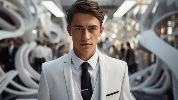 Portrait of masculine man wearing business suit posing on camera with serious look keeping arms fold