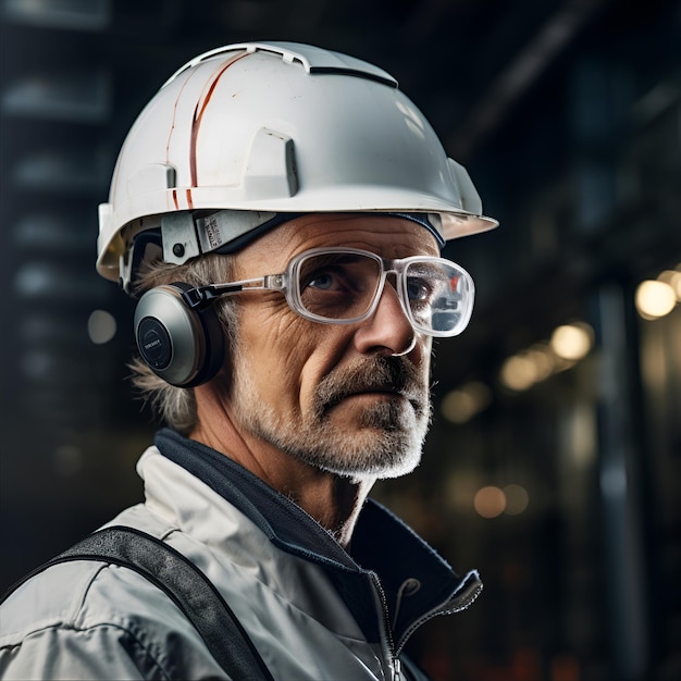 Portrait of mature architect in helmet standing at industrial plant