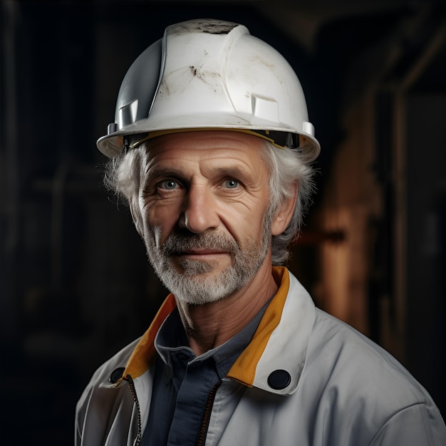 産業工場で立っているヘルメットをかぶった成熟した建築家の肖像画