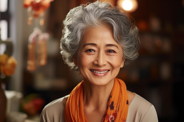 Photo portrait of an mature asian beautiful grayhaired smiling woman with wrinkles around her eyes