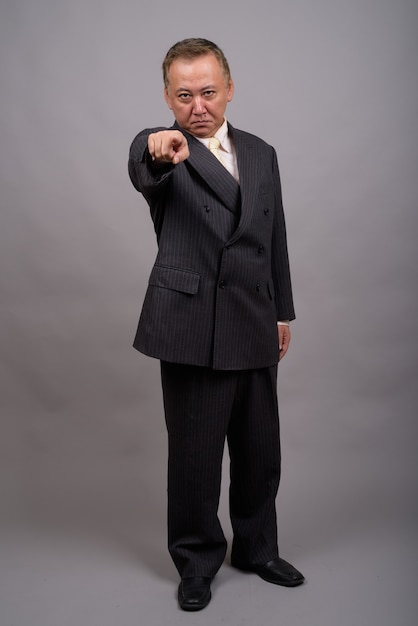 Portrait of mature Asian businessman against gray background