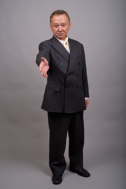 Portrait of mature Asian businessman against gray wall