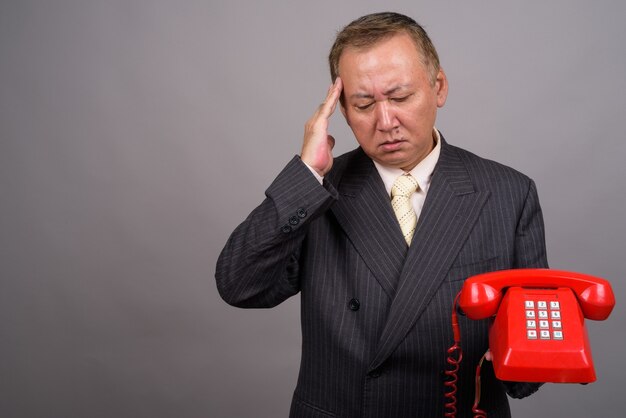 Portrait of mature Asian businessman against gray wall