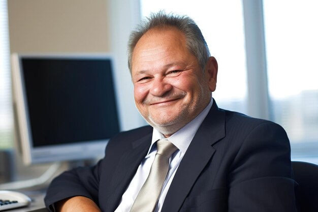 Portrait of a mature businessman smiling at his computer created with generative ai