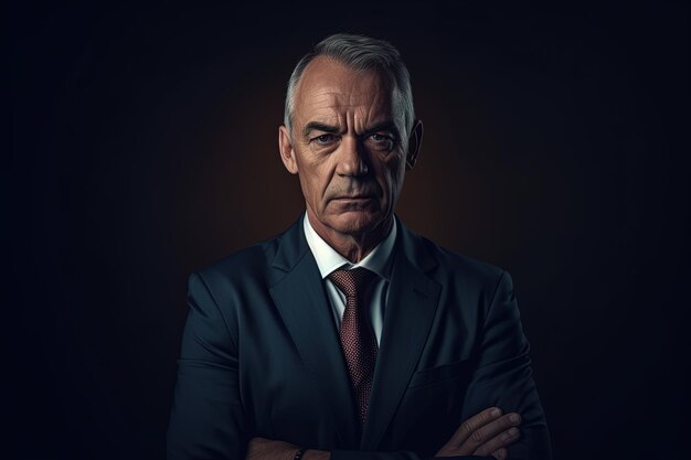 Portrait of mature businessman in suit looking at camera on black background