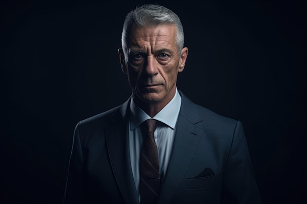 Portrait of mature businessman in suit looking at camera on black background