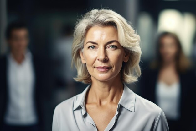 Portrait of a mature businesswoman standing in an office with her colleagues in the background