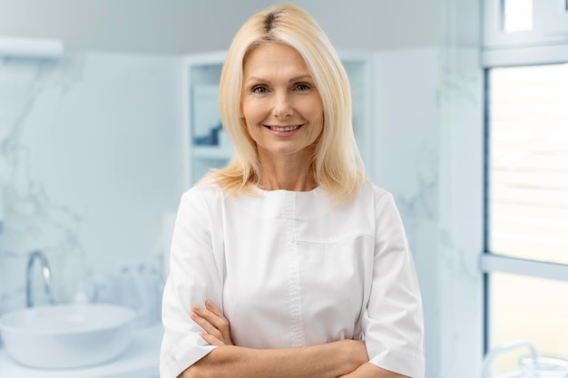 Portrait of mature cosmetologist in white lab coat looking at camera