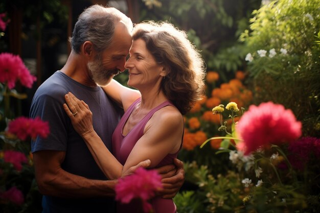 Foto ritratto di una coppia matura che si abbraccia amorevolmente in giardino