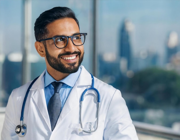 Portrait of mature doctor with eyeglasses looking side copyspace