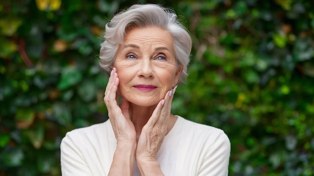 Portrait of mature elderly european woman touches face gently has perfect skin and looks thoughtful