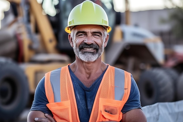 Portrait of mature female construction worker smiling at camera on construction site