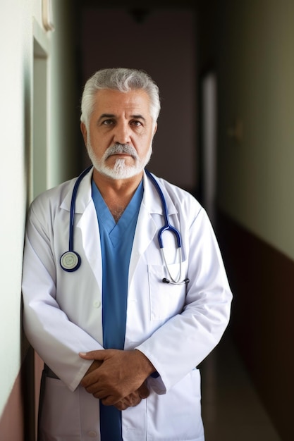 Portrait of a mature male doctor standing in the hallway of a hospital created with generative ai