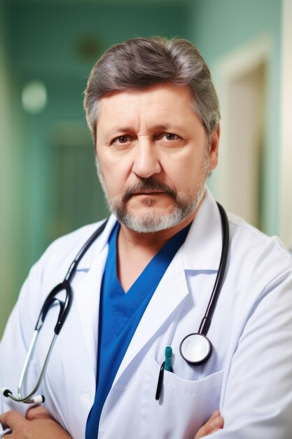 Portrait of a mature male doctor standing in the hospital