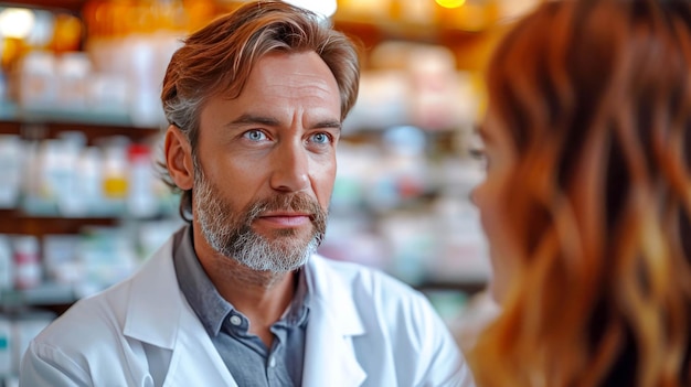 Портрет зрелого мужского фармацевта, смотрящего в камеру в аптеке.