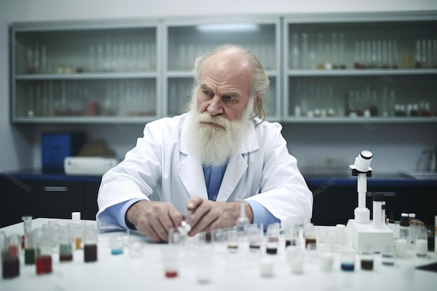 Портрет зрелого ученого-мужчины, работающего в своей лаборатории, созданный с помощью генеративного ИИ