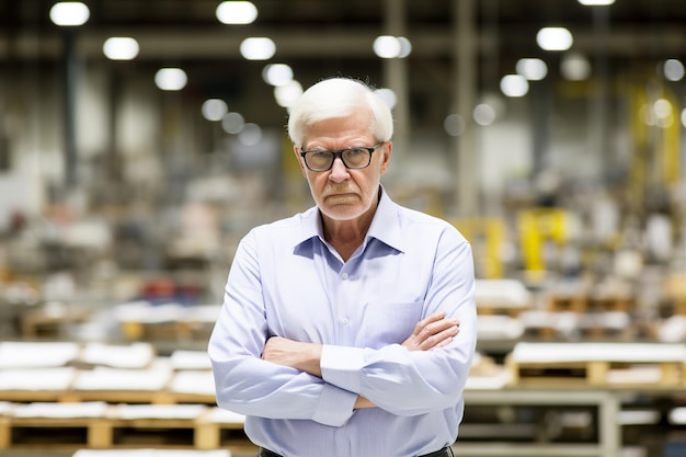 Portrait of mature man in glasses standing with arms crossed in modern factory