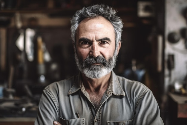 Portrait of a mature man standing in his workshop created with generative ai