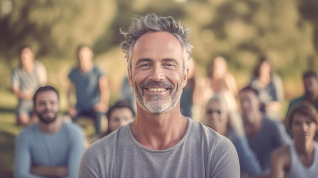 Foto ritratto di uomini maturi con persone di gruppo sfocate in classe all'aperto facendo ritiro yoga