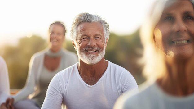 portrait of Mature Men with blurred group people In Class At Outdoor doing Yoga Retreat