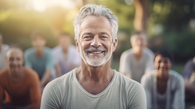 portrait of Mature Men with blurred group people In Class At Outdoor doing Yoga Retreat