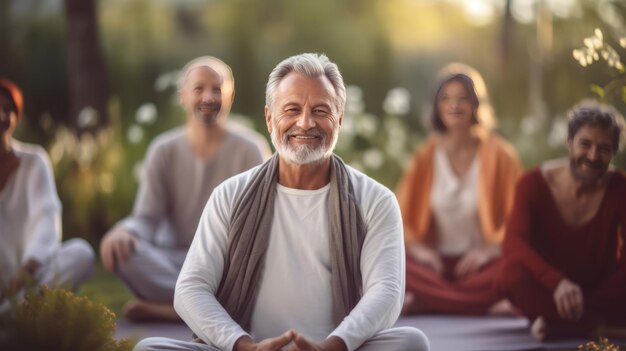 portrait of Mature Men with blurred group people In Class At Outdoor doing Yoga Retreat